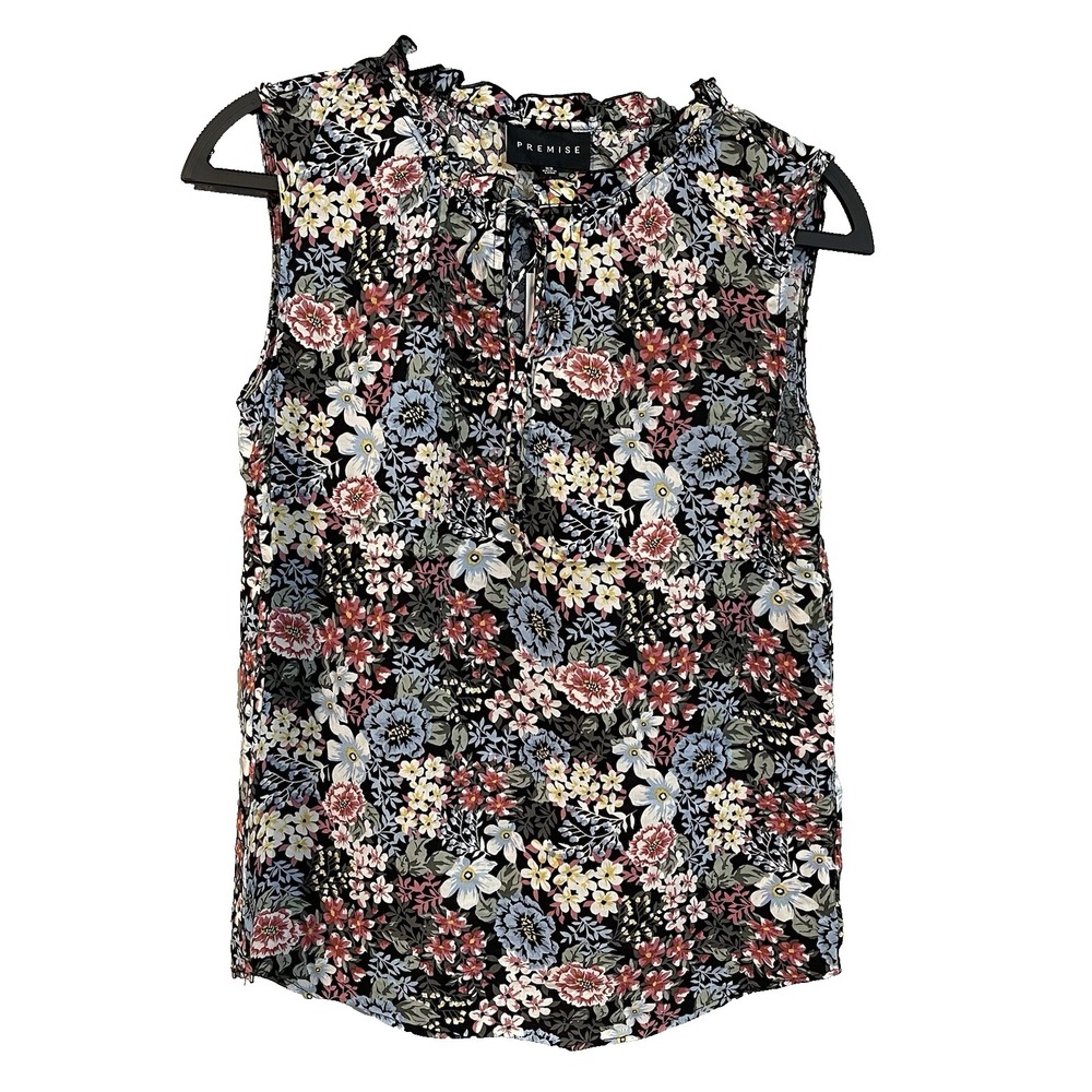 Premise Women's S Sleeveless Blouse Ruffled Neck Tie Closure Peasant Boho Floral